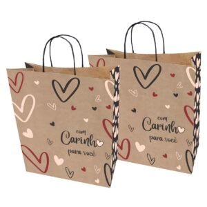 Sacolas Papel Kraft COM CARINHO P/R Tam P 18X10,5X26 20 Un.